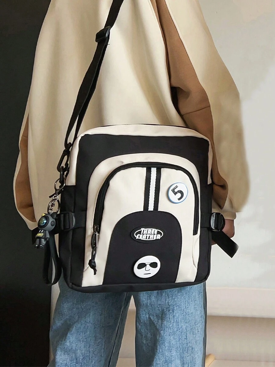 Brand Fashionable Casual Men's Shoulder Crossbody Bag, Nylon Fabric Daily Commuting Large Capacity Square Bag - Black and White - View 1