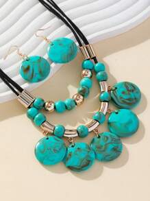 1入綠色水滴吊墜時尚項鍊和耳環套裝 - 綠色 - 查看 2