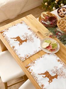 1pc Christmas Reindeer Silhouette Geometric Pattern Print Placemat, Suitable For Festive Kitchen, Dining Table Decoration - Multicolor - View 1