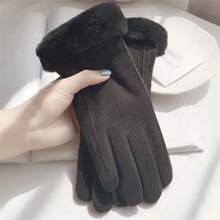 1pair Women's Velvet Cycling Thick Plush Gloves, Winter Sheep Wool Lined Full Finger Gloves