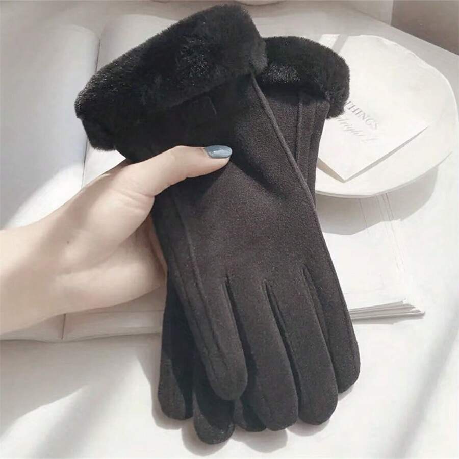 1pair Women's Velvet Cycling Thick Plush Gloves, Winter Sheep Wool Lined Full Finger Gloves