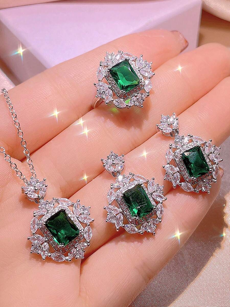 Elegante Conjunto De Tres Piezas De Joyas Con Diamantes De Imitación De Esmeralda Y Pedrería - Verde - Ver 1