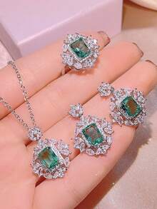 Elegante Conjunto De Tres Piezas De Joyas Con Diamantes De Imitación De Esmeralda Y Pedrería - Verde - Ver 3