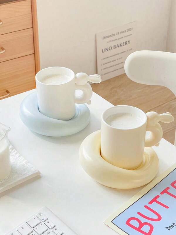 1 set 300 ml Jeu de tasse et soucoupe en céramique mignon lapin, tasse à café et tasse à thé pour la maison, le bureau et comme cadeau de couple