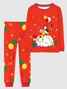 2入組少女聖誕節小刺猬綿羊貓印花緊身睡衣套裝,適用於節日慶祝和家庭穿著