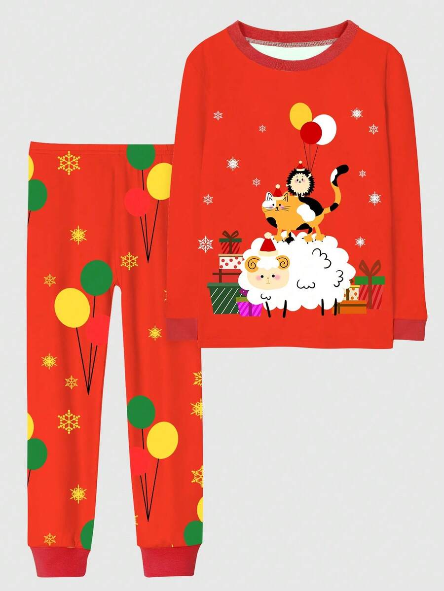 2入組少女聖誕節小刺猬綿羊貓印花緊身睡衣套裝,適用於節日慶祝和家庭穿著