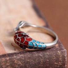 1入組新風格S925銀錦鯉鯉魚圓環帶復古中國元素適合女士,女孩,,可調節標籤手指圓環