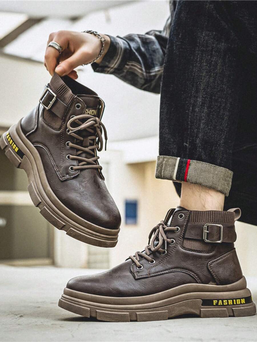 男式冬季耐磨短靴,厚實鞋底,高筒工作鞋,時尚系帶踝靴 - 棕色 - 查看 1