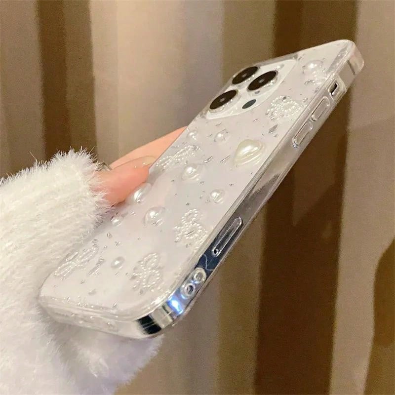 Luxury 3D Faux Pearl Bow Silver Foil Phone Case Compatible With Iphone
