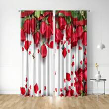 2pcs/set Modern Printed Curtain With Romantic Red & Pink Roses For Living Room Sofa Background, Bedroom, Corridor - Multicolor - View 2