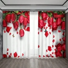 2pcs/set Modern Printed Curtain With Romantic Red & Pink Roses For Living Room Sofa Background, Bedroom, Corridor - Multicolor - View 4