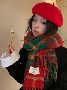1入女式紅色格紋羊絨圍巾,適用於冬季保暖,新款時尚披肩,聖誕/生日禮物,適用於日常和聖誕節穿著 - 紅色 - 查看 2