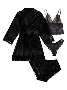 Set de Pijama Mujer Satinado 4 Piezas con Bata: Descubre Elegancia y Confort - Negro - Ver 9