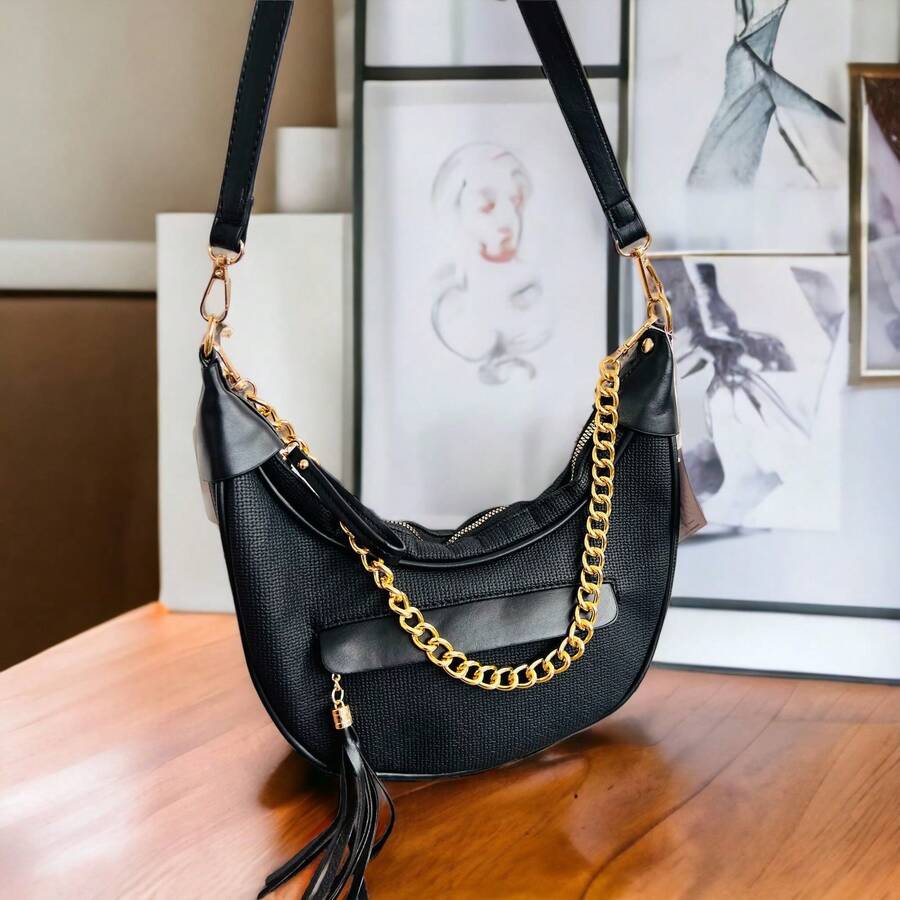 Bolsa de Moda diseño de media luna con cadena - Negro - Ver 1
