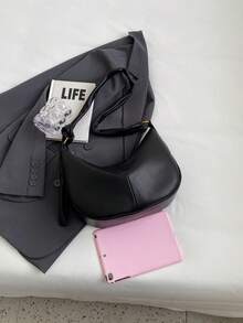 CONTAINEVERY Solid Color Zipper Closure Half-moon Shaped Bag With Tied Shoulder Strap - Black - View 6