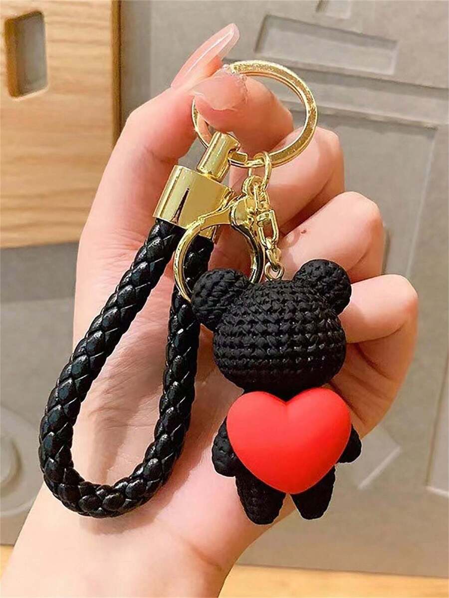 1个女士创意黑熊心形钥匙扣,可爱卡通汽车钥匙扣,包包挂件,日常使用,情人节汽车配饰,包包挂饰,背包挂件,适合上学、哥特风、Y2K风格,送给母亲、父亲、毕业生和老师的礼物 - 黑色 - 查看 1