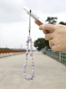 1入組天然水晶石片手機吊飾,創意珠串手機鍊,紫色水晶石片女士手機配飾 - 淡紫色 - 查看 2