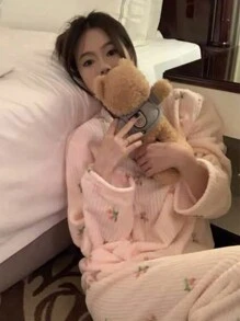 2pcs/Set Floral Printed Plush Round Neck Long Sleeve Top And Long Pants Pajama Set - Pink - View 2