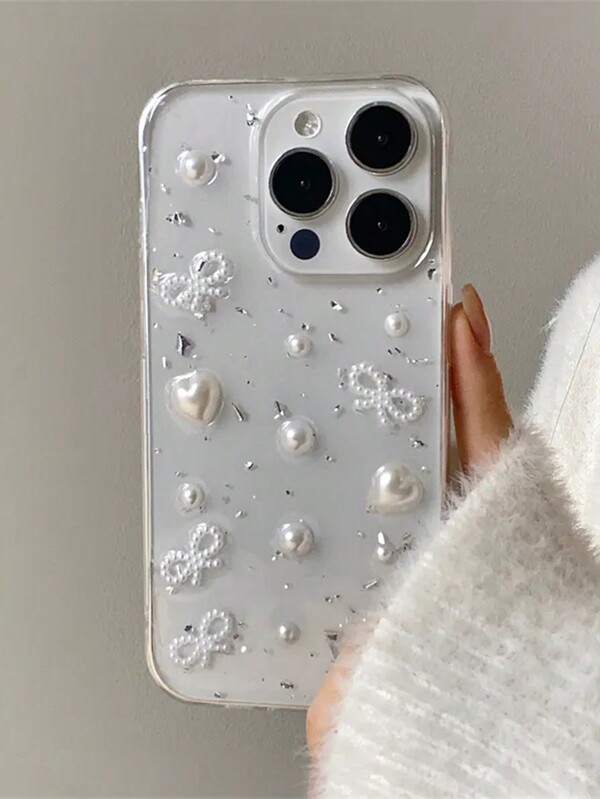 Luxury 3D Faux Pearl Bow Silver Foil Phone Case Compatible With Iphone 15 14 13 12 11 Pro Max MiNi XR X XS Max 7 8 Plus Glitter Epoxy Cute Clear Soft Silicone Cover