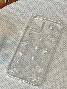 奢华 3D 珍珠蝴蝶结银箔手机壳适用于 17 Pro Max Air 16 15 14 13 12 11 Pro Max MiNi XR X XS Max 7 8 Plus 闪光环氧可爱透明软硅胶保护套