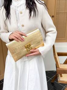 纯色简约奢华翻盖石纹时尚手拿包，金色手提包，女士时尚手拿包，圣诞节冬季圣诞礼物 - 金色 - 查看 9