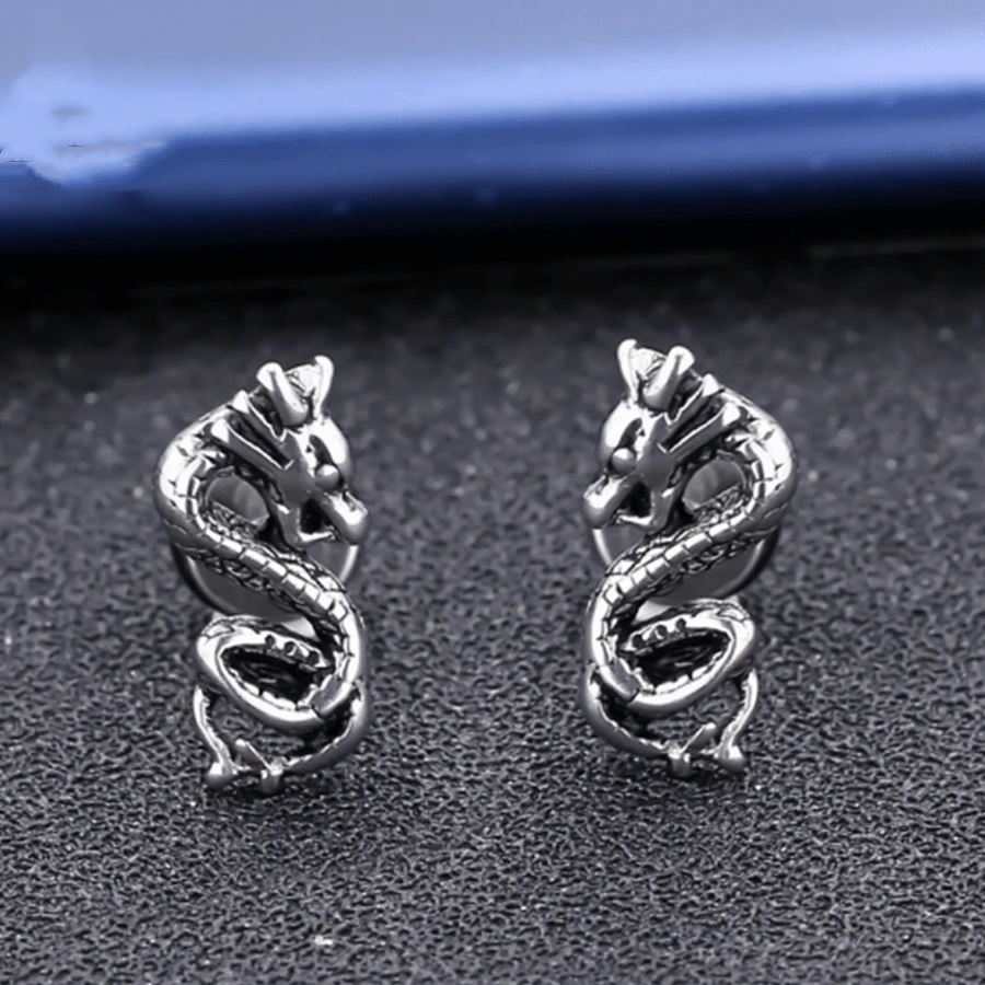 1 đôi Cá nhân hóa Retro & Đúng mốt Rồng Thép Bông tai stud Dành Cho Nam Và Nữ - Bạc - Xem 1