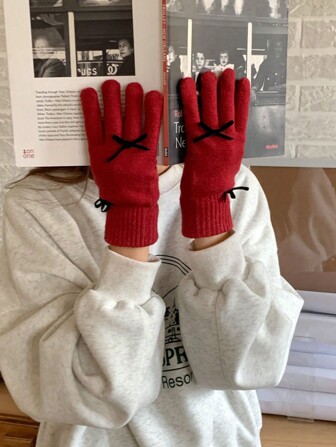 1pc Women's Bowknot Fingerless Gloves, Cute And Warm Knitted Touch Screen Full Finger Mittens For Outdoor Use In Fall And Winter