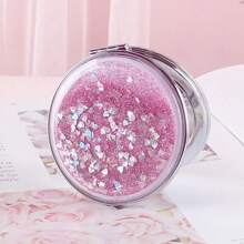 Pink Foldable Round Quicksand Cosmetic Mirror/double-sided Adjustable Angle Portable Travel Pocket Mirror - Pink - View 1