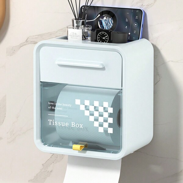 1pc Blue No Drilling Paper Tissue Box Holder With Multipurpose Shelf, Wallmounted For Bathroom
