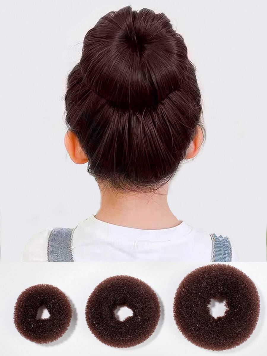 3pcs Bun Making Tools For Brown-haired Girls, Coffee Color Bud Headband Hair Accessories - Brown - View 1