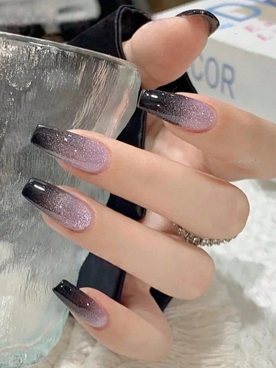 24入組銀河星光紫色粉色長式可拆式假指甲，按壓式裝甲指甲，美甲工具 - 紫色 - 查看 1