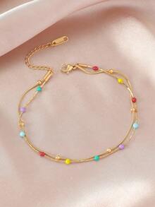 1條不銹鋼鍍金簡約時尚歐美風格多色珠子腳鏈,適合女性日常穿搭 - 金色 - 查看 3