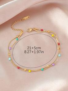 1條不銹鋼鍍金簡約時尚歐美風格多色珠子腳鏈,適合女性日常穿搭 - 金色 - 查看 4