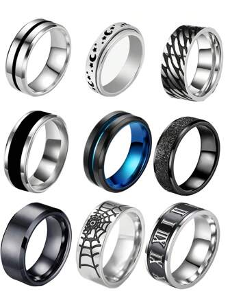 9入組不鏽鋼時尚男戒設計,適用於日常裝飾或送禮