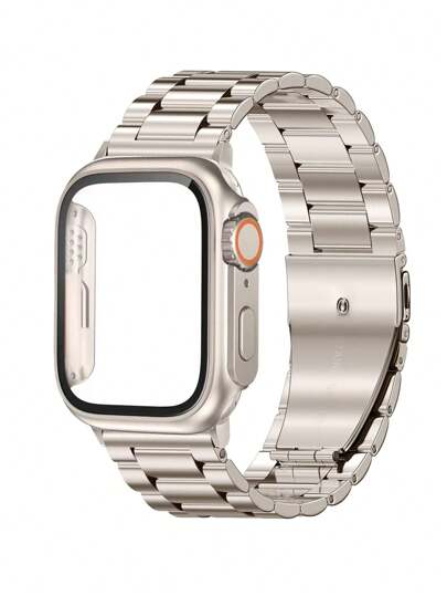 2 件/套表带和屏幕保护膜组合，不锈钢可调节表带和钛金属防震防水屏幕保护膜，适用于 Watch Ultra SE/8/7/6/5/4 系列 38 毫米 40 毫米 41 毫米 42 毫米 44 毫米 45 毫米 49 毫米，男女通用