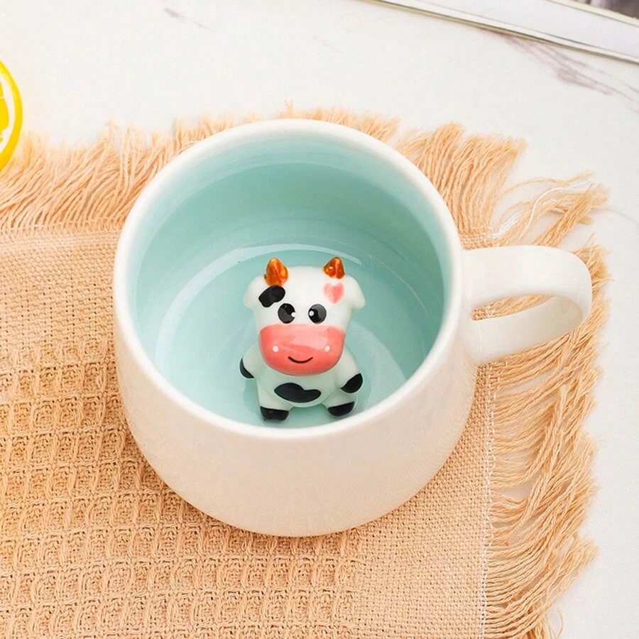 3d動物造型3d陶瓷杯,大容量,配蓋,簡約可愛,小牛女孩卡通杯
