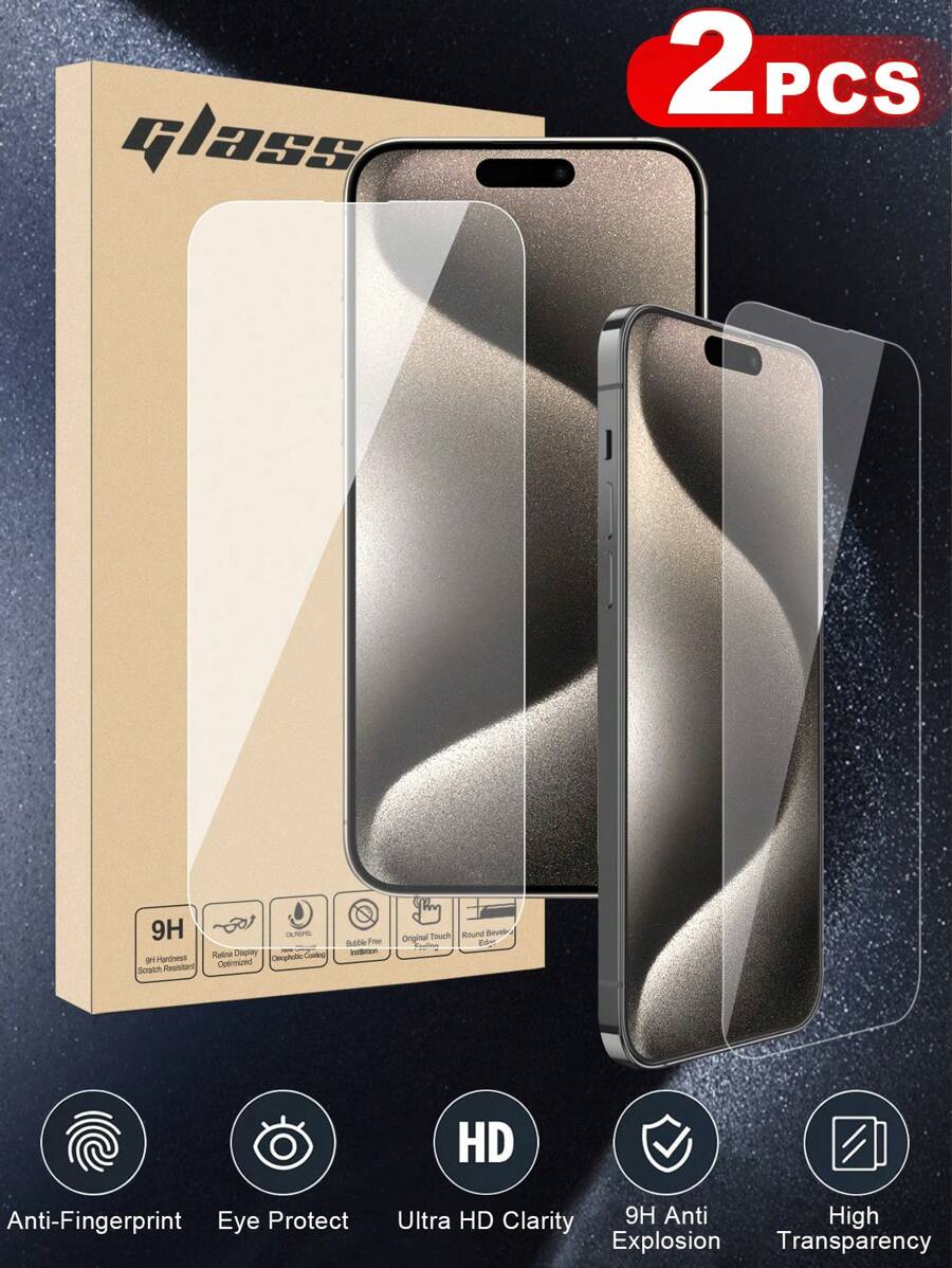 2 Miếng Độ Nét Cao Kính cường lực Bảo vệ màn hình , Chống dấu vân tay , Không thấm nước , Chống trầy xước , Nhạy cảm Chạm , 9H Độ cứng , Chống nổ Đối với Iphone 15/15 Plus/15 Pro/15 Pro Max - Trong sáng - Xem 1