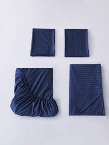 King Size Striped Sheet Set 3000 Thread Count, 4 Pieces / (1 Lining, 1 Sheet/ 2 Pillowcases) - Navy Blue - View 6