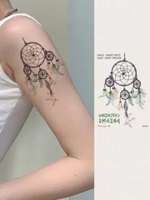 1張追夢人&羽毛圖案身體手臂腿閃爍臨時紋身貼紙 - 黑色 - 查看 3