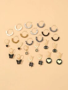 NAIZHU 24 件青少年时尚粉色花朵心形蝴蝶珍珠耳环套装 - 彩色 - 查看 3