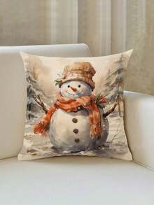 1入組雪人圖案亞麻靠墊套(不帶芯),可愛風格,45cm*45cm / 17.72英寸*17.72英寸,方形,單面印刷,拉鍊閉合,柔軟舒適,裝飾靠墊套,節慶靠墊套 - 橘色 - 查看 3