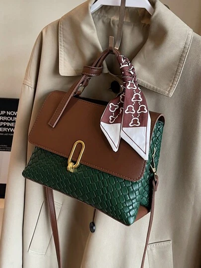 Classic Fashionable Women's Woven Design Colorblock Tote Crossbody Bag