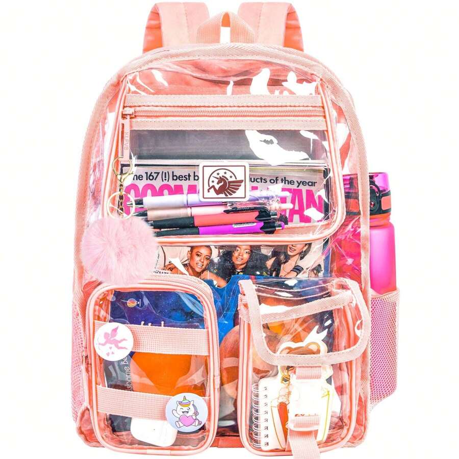 Clear Backpack, Transparent Bookbag Heavy Duty See Through Backpacks - Pink - View 1