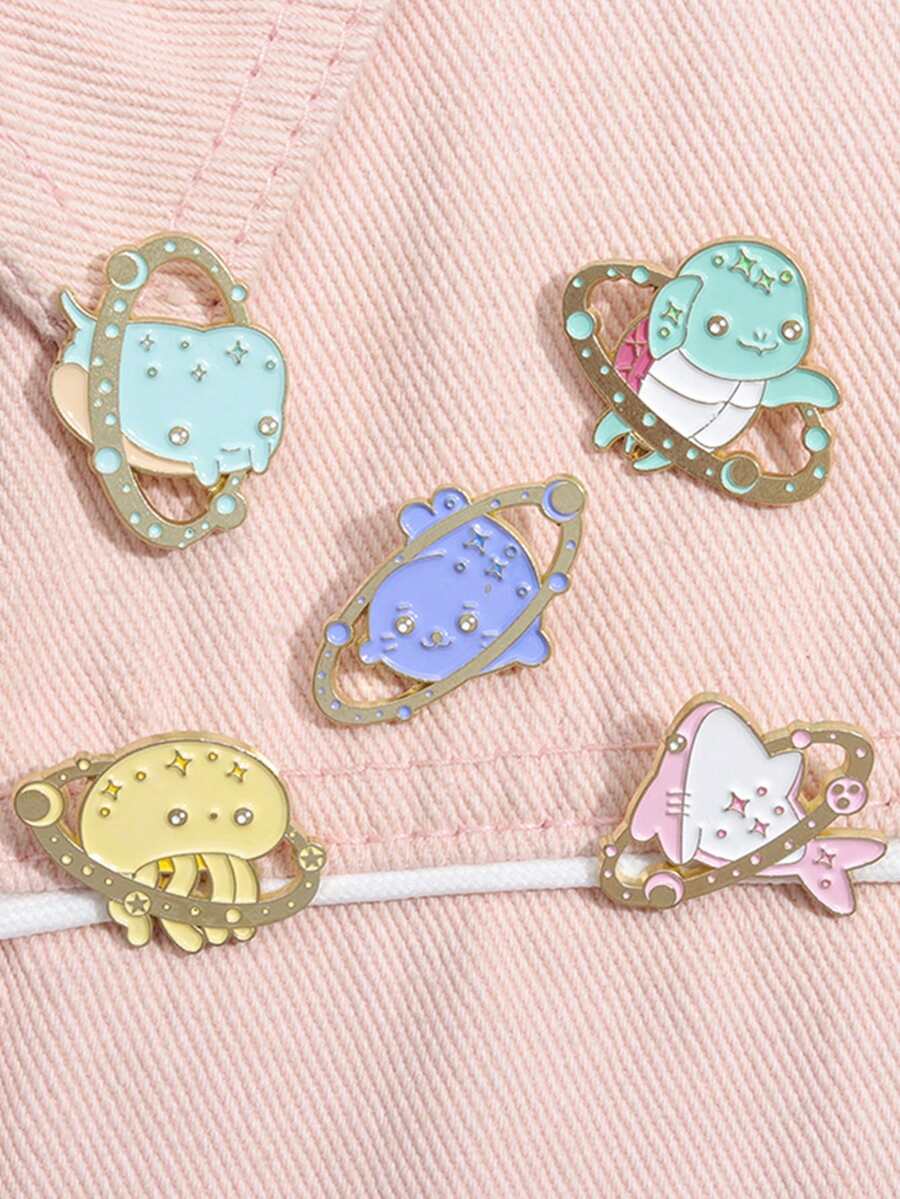5 件装可爱海龟和水母卡通海洋动物胸针翻领徽章帽子服装背包别针珠宝礼物 - 彩色 - 查看 1