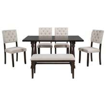 6-Piece Retro Style Dining Set with 4 Upholstered Dining Chairs and 1 Bench, Wood Kitchen Table and Chair with Special-Shaped Legs and Foam-Covered Seat Backs&Cushions - 濃縮咖啡 - 查看 4
