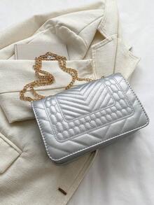 Chain Shoulder Crossbody Underarm Solid Color Square Mini Bag - Silver - View 6