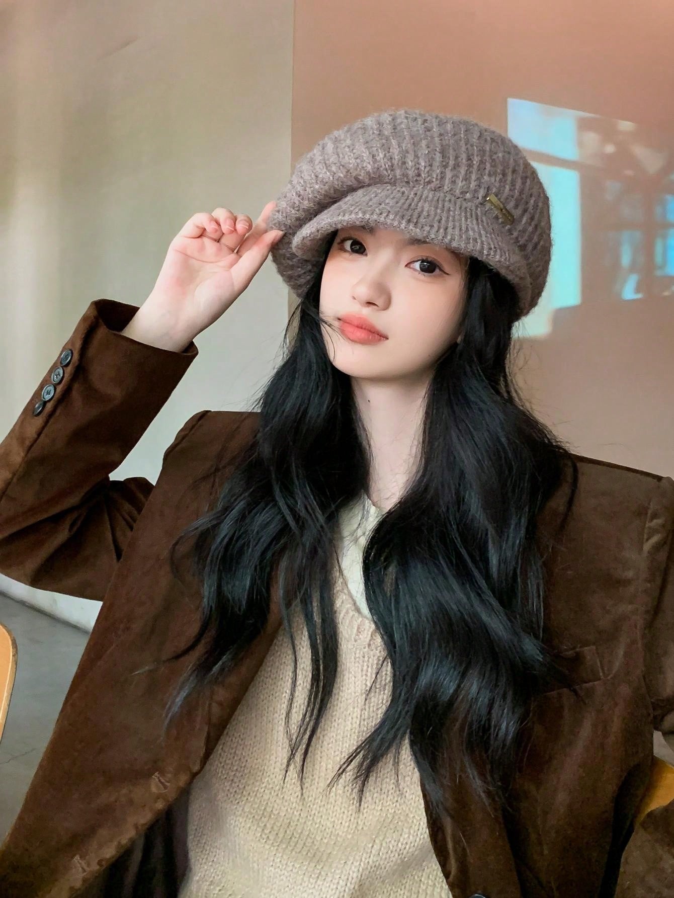 Mens Womens Thick Fleece Lined Knit Newsboy Cap Slouch Beanie Hat With Visor Blue CY186IUZIS5