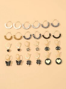 NAIZHU 24 件青少年时尚粉色花朵心形蝴蝶珍珠耳环套装 - 彩色 - 查看 2