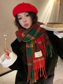 1入女式紅色格紋羊絨圍巾,適用於冬季保暖,新款時尚披肩,聖誕/生日禮物,適用於日常和聖誕節穿著 - 紅色 - 查看 3