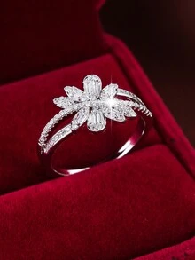 1pc Exquisite Flower Design Copper Ring For Sweet And Cool Girls - Silver - View 10